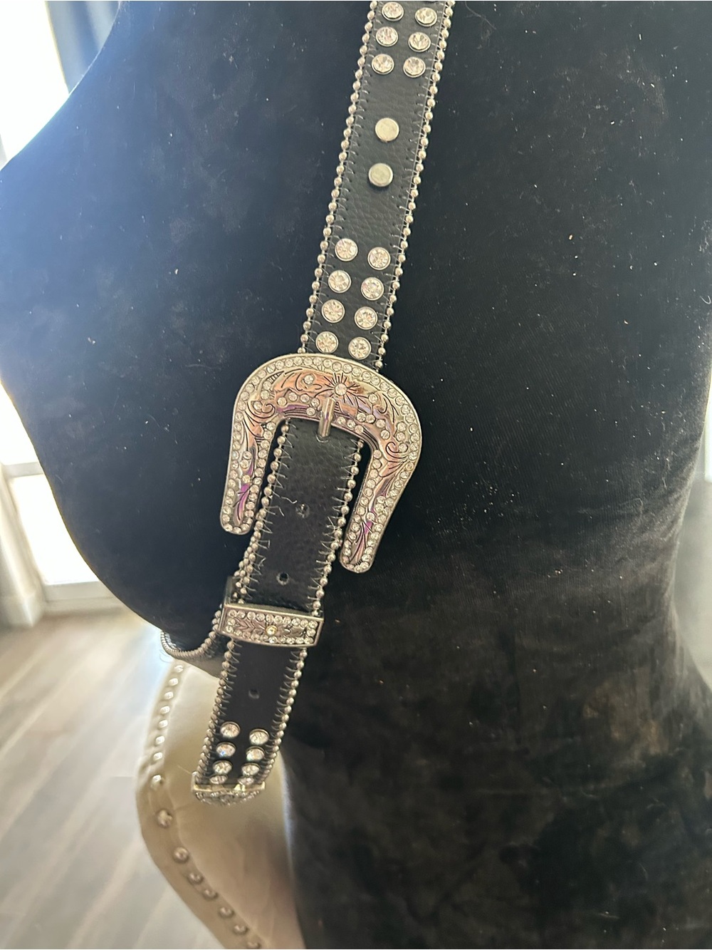Studded Western-Style Black Leather Belt with Decorative Buckle 44”